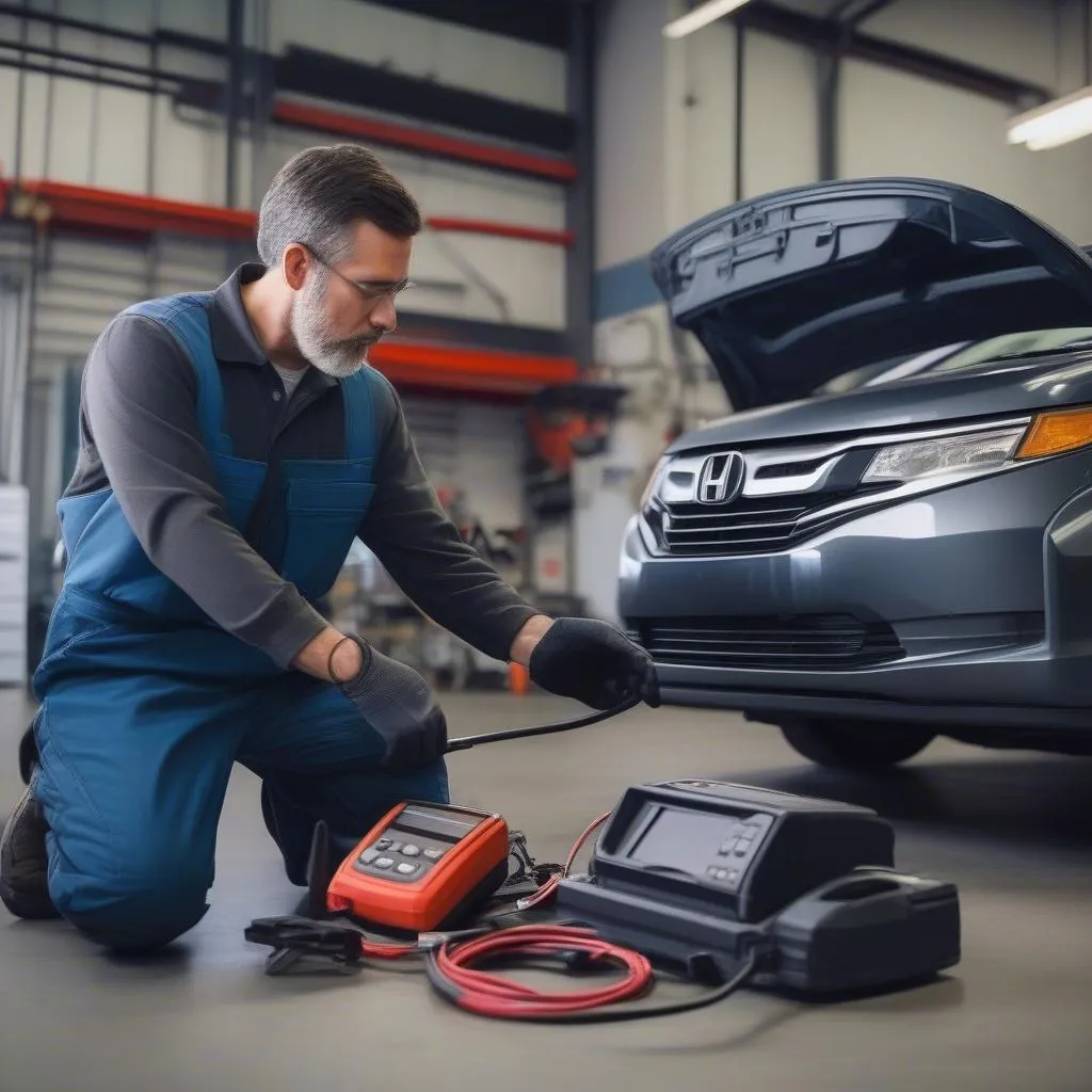 Car Mechanic Using Diagnostic Tool on Honda Odyssey