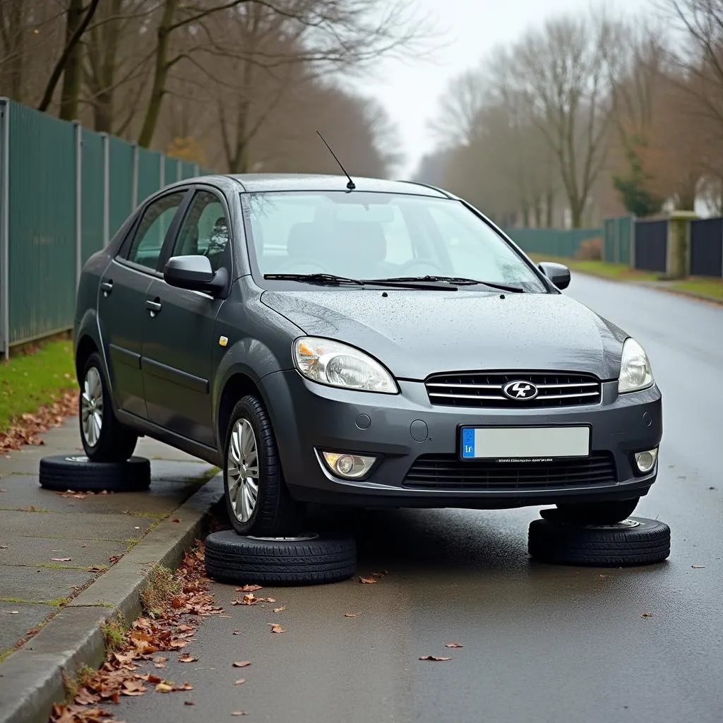 Car on Blocks with Wheels Stolen