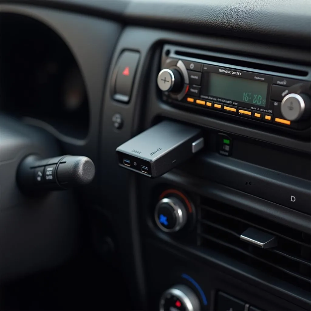 Bluetooth adapter plugged into a car's auxiliary input