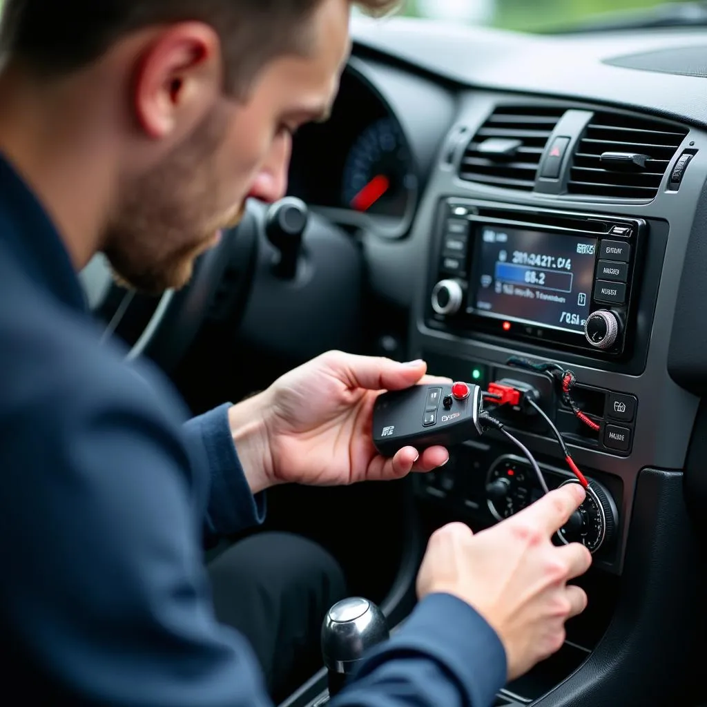 Automotive Technician Diagnosing Car Radio Issue