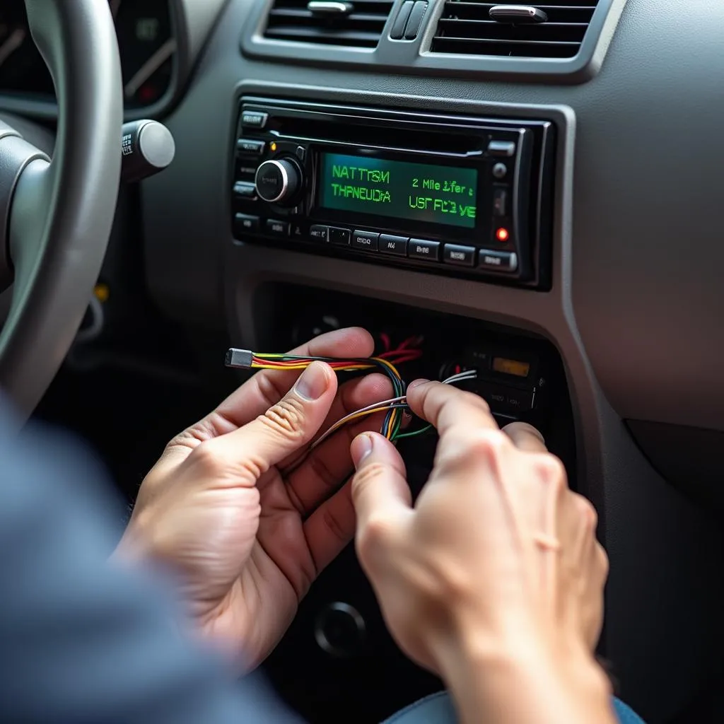 Close-up of a car radio wiring harness inspection