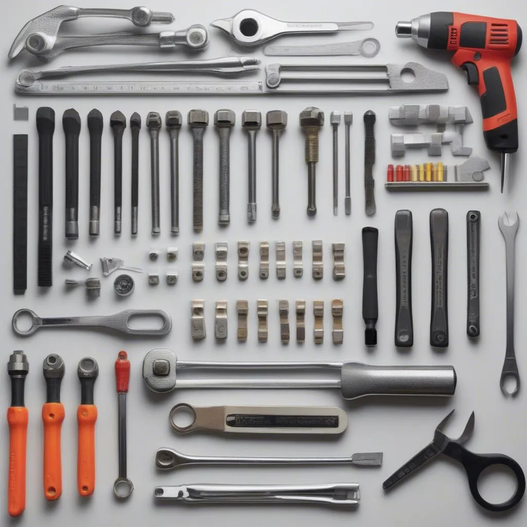 Car repair tools laid out on a workbench.