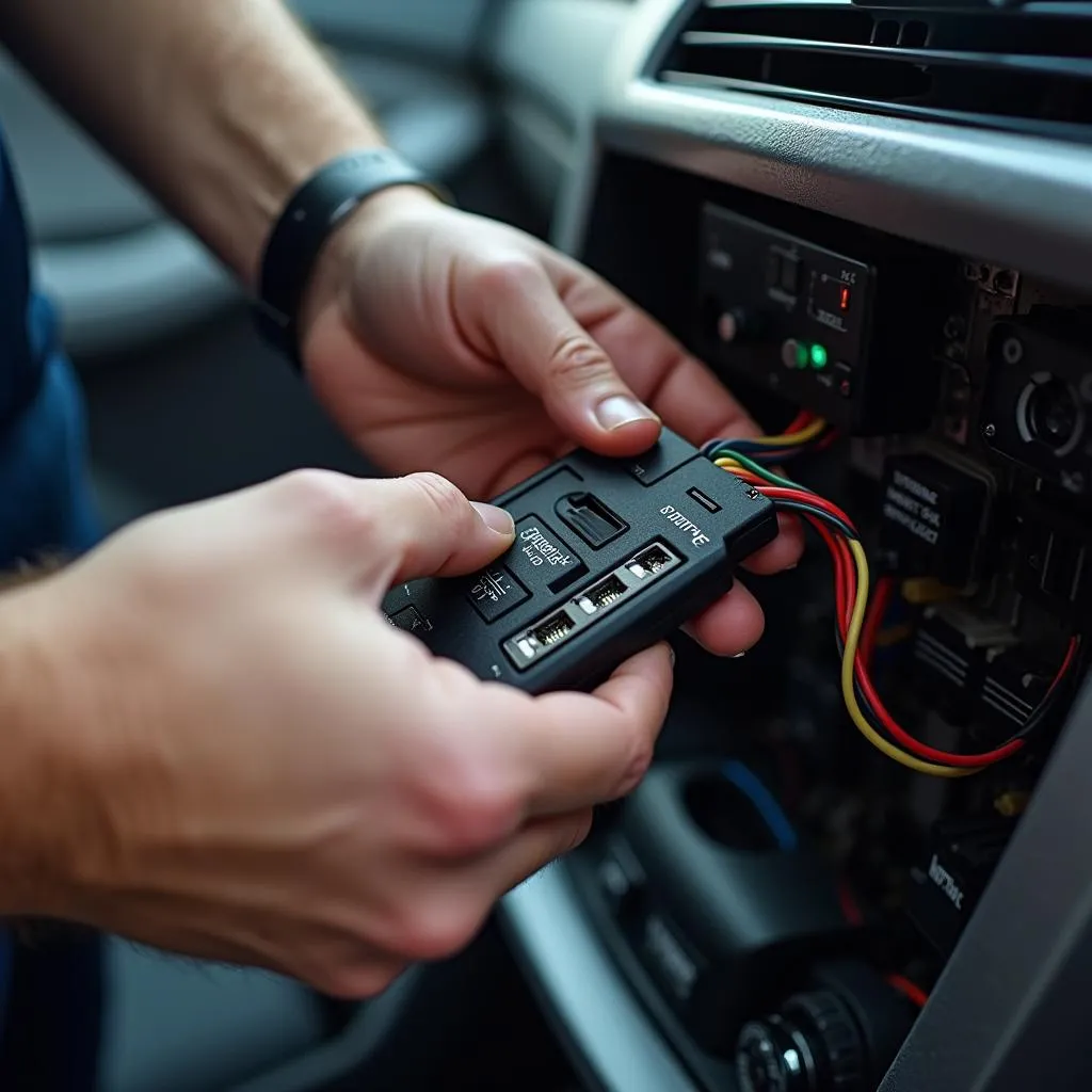 Close-up of car wiring harness connected to an aftermarket anti-theft device