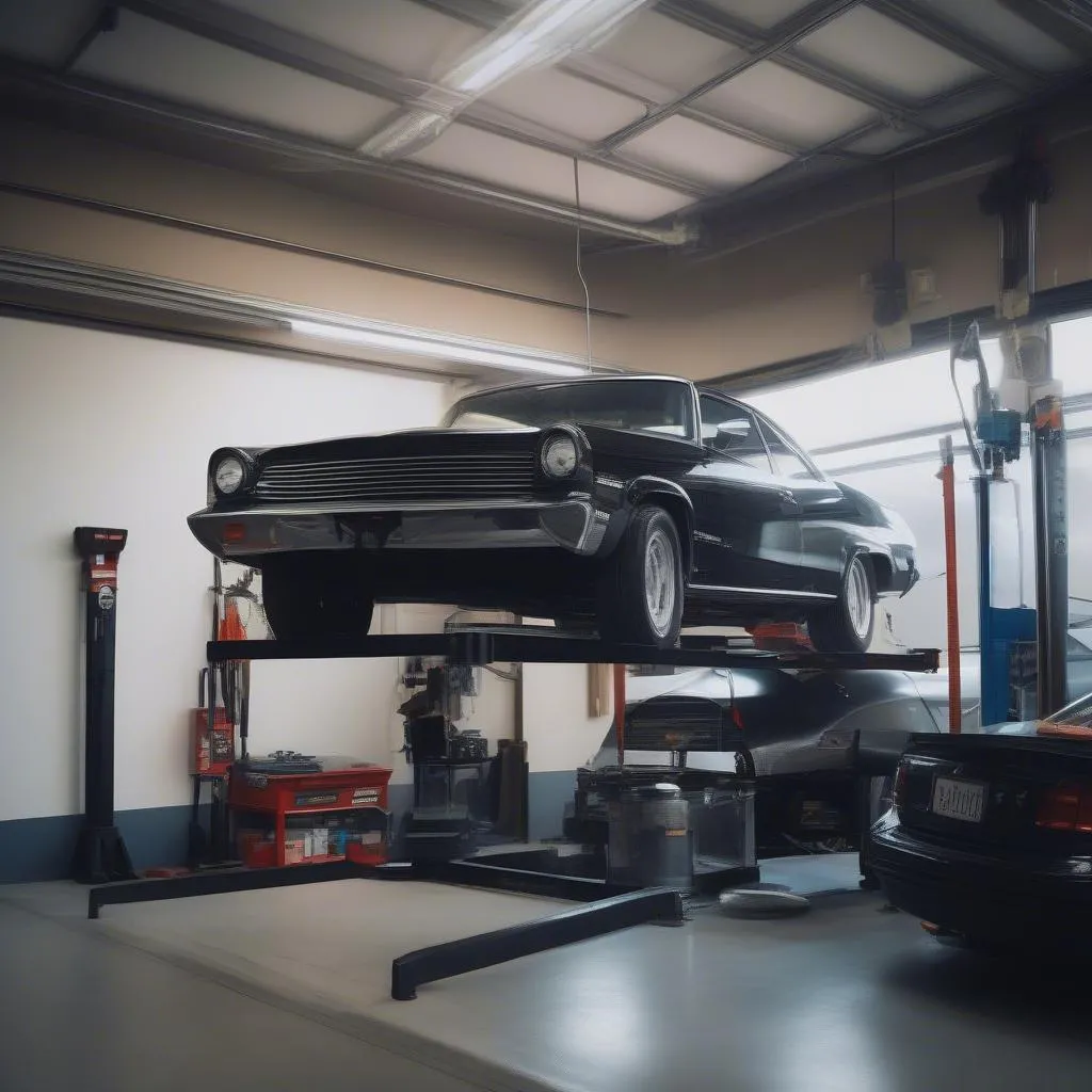 Car on a Lift in a Garage