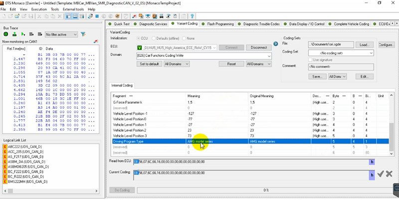 Locate the option for car function coding write