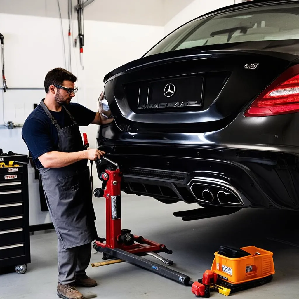 A car enthusiast working on his Mercedes C63 AMG in his garage