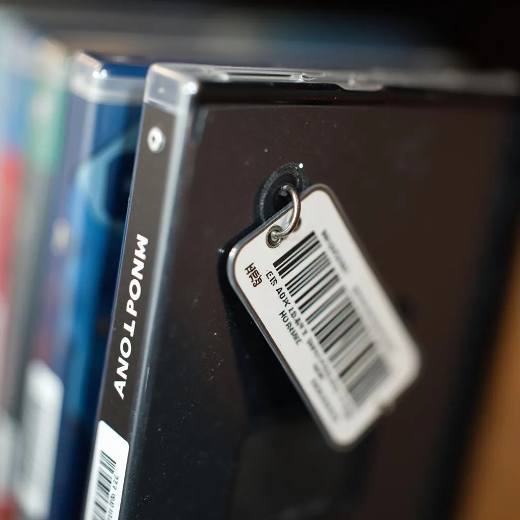 Close-up of an EAS tag attached to a DVD case.