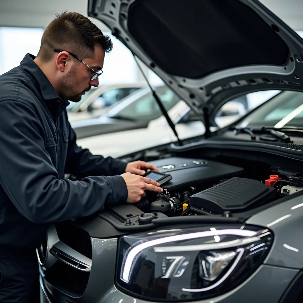 Experienced mechanic performing diagnostics on a Mercedes-Benz.