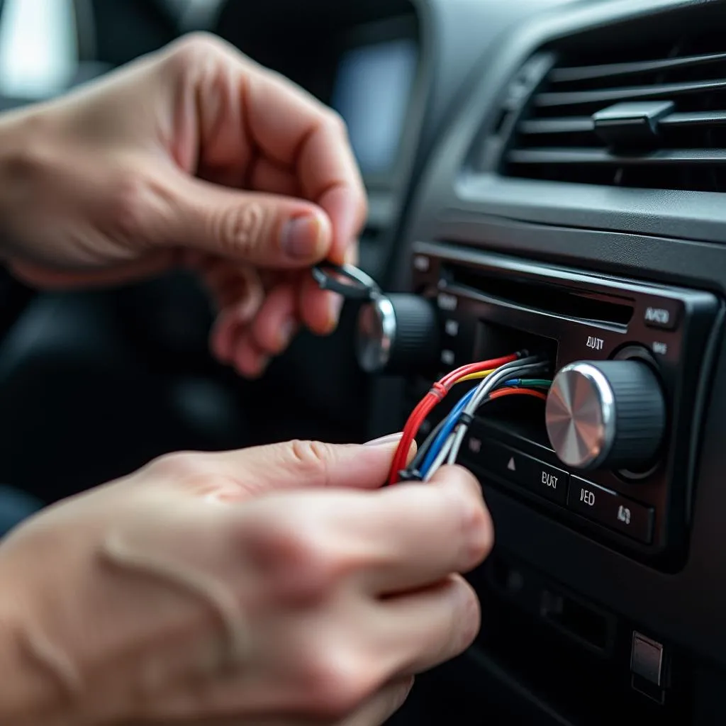 Mechanic fixing loose connections on a car radio