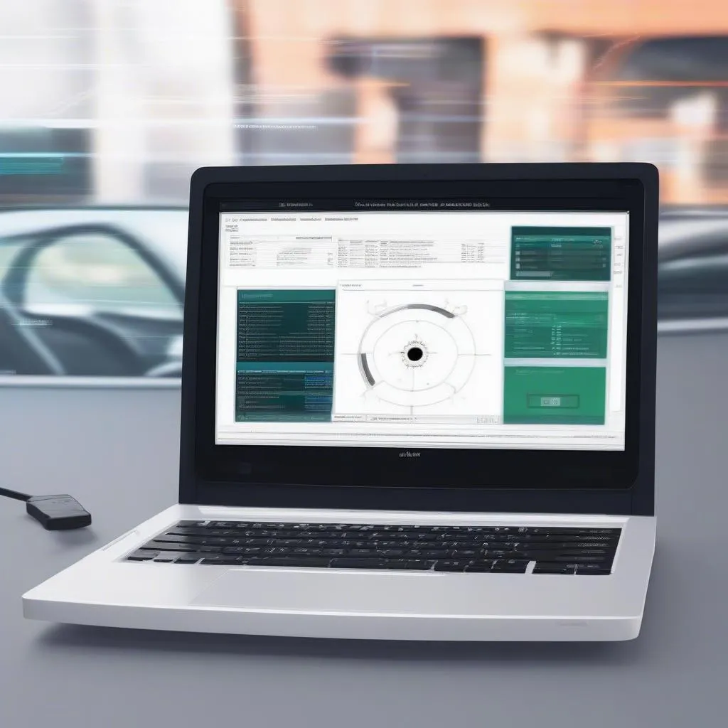 Laptop displaying car diagnostic software for troubleshooting anti-theft system