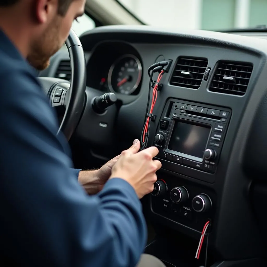 Technician installing car alarm system