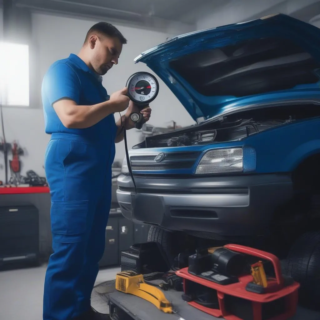 Mechanic checking car AC