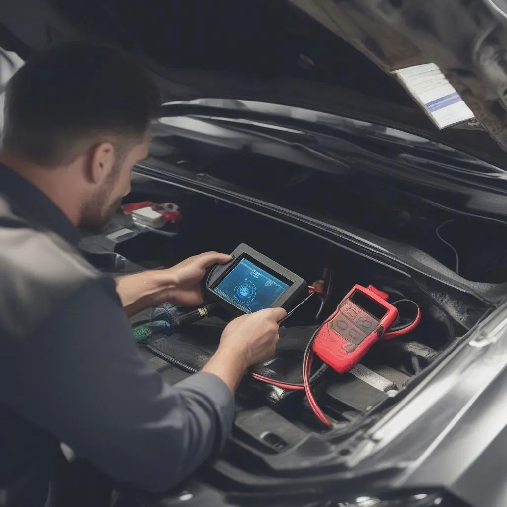 Automotive mechanic connecting a diagnostic tool to a car's OBD-II port