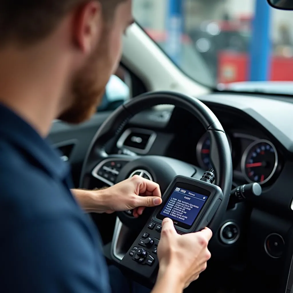 Mechanic Connecting OBD-II Scanner to Car