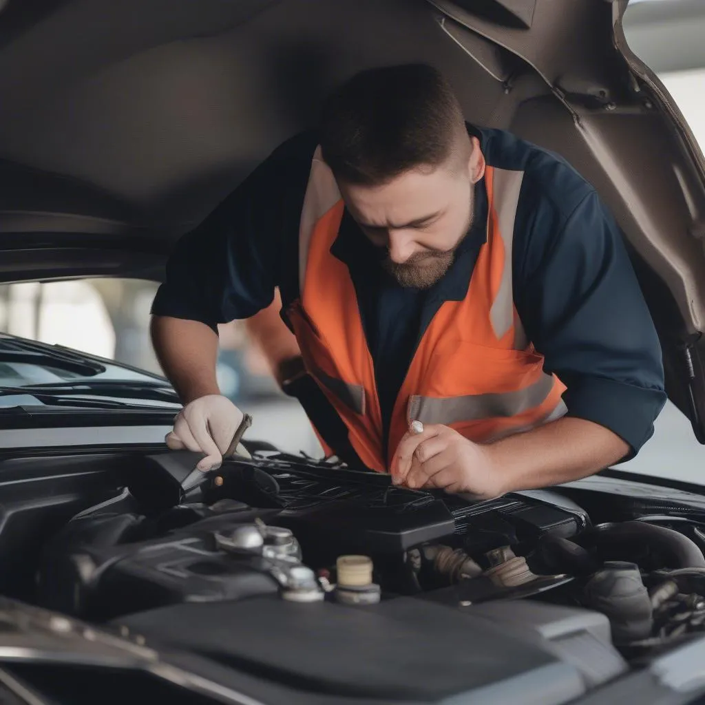 Mechanic Diagnosing Car