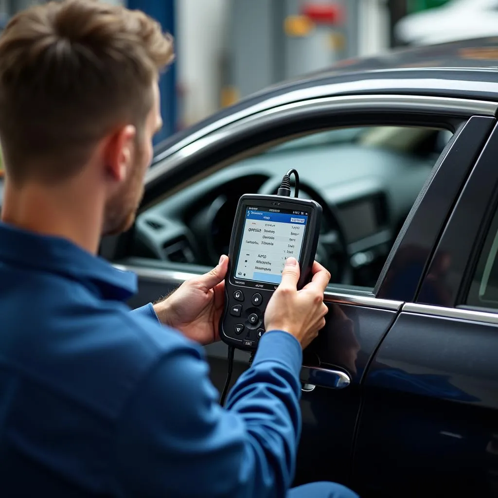 Mechanic diagnosing a car anti-theft system