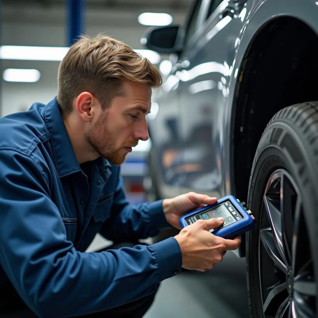 Mechanic using diagnostic tools to troubleshoot a car anti-theft system problem