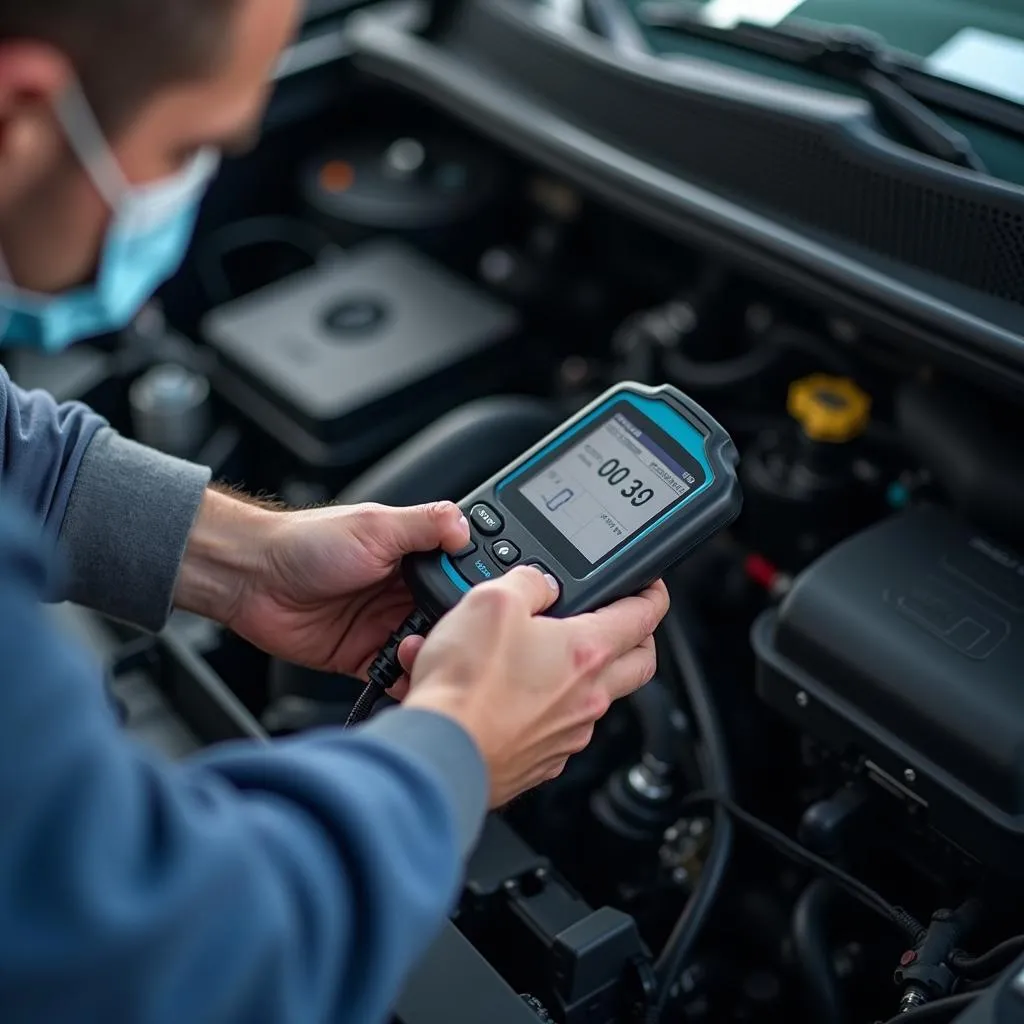 Mechanic diagnosing car anti-theft system