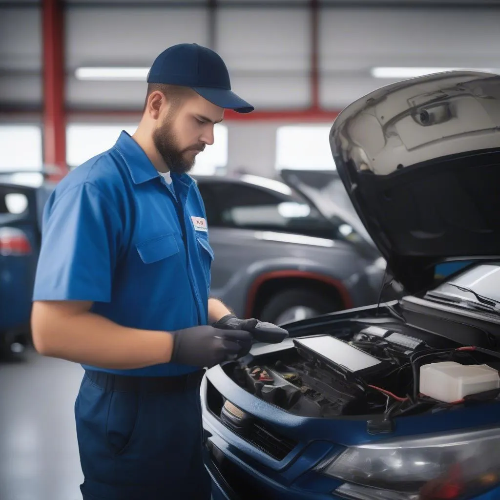 Mechanic Diagnosing Car Electrical Issue