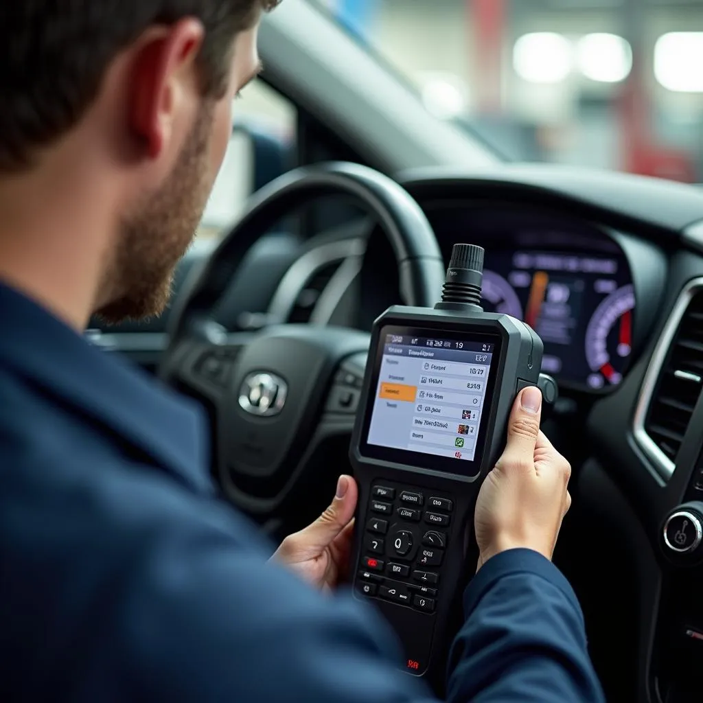 Mechanic using diagnostic tool on car