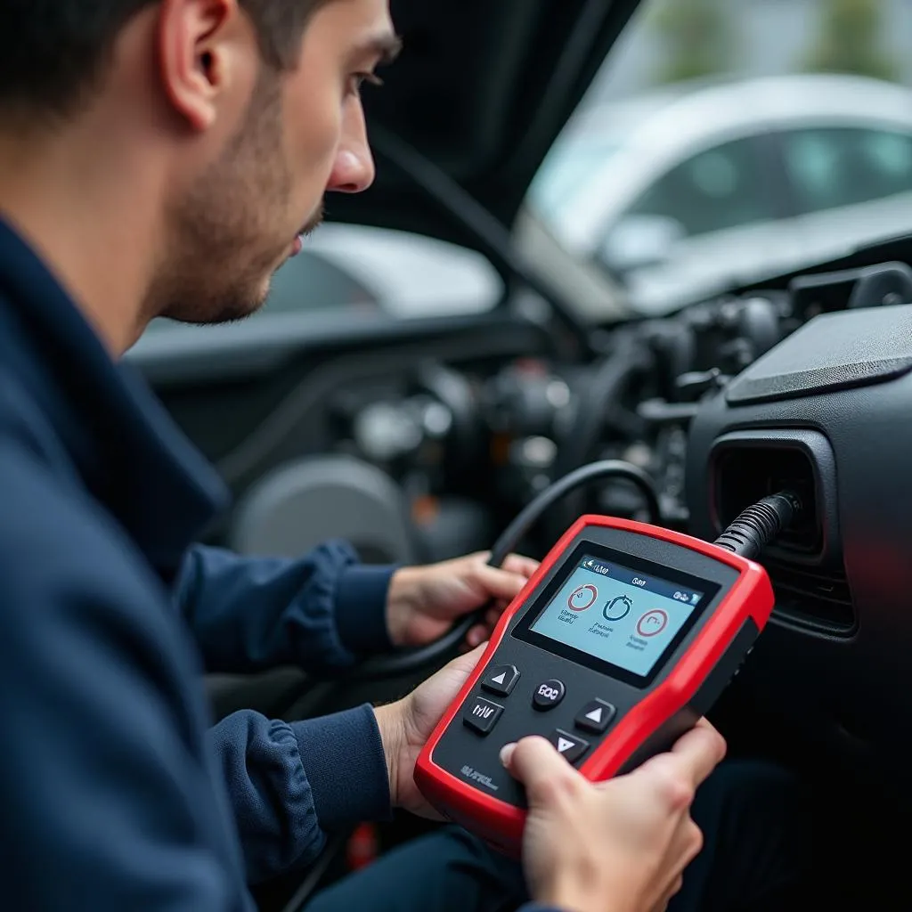 Mechanic using diagnostic equipment on a car