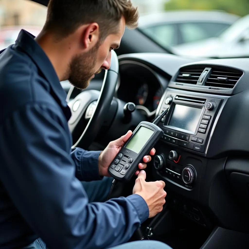 Mechanic using diagnostic tool on car radio