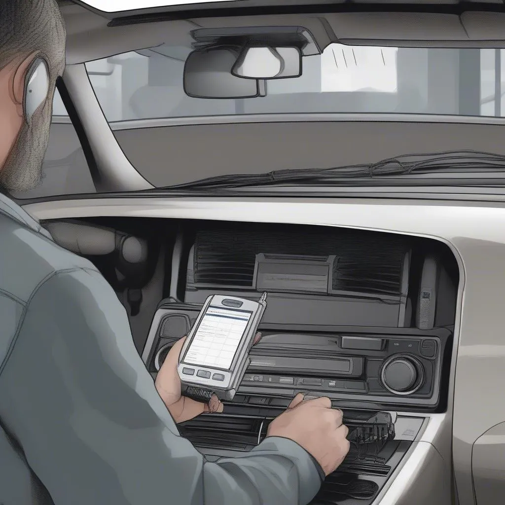 Mechanic using a diagnostic scanner on a car radio