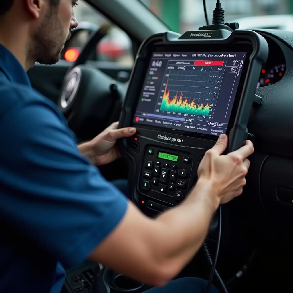 Mechanic using a computer for car diagnostics