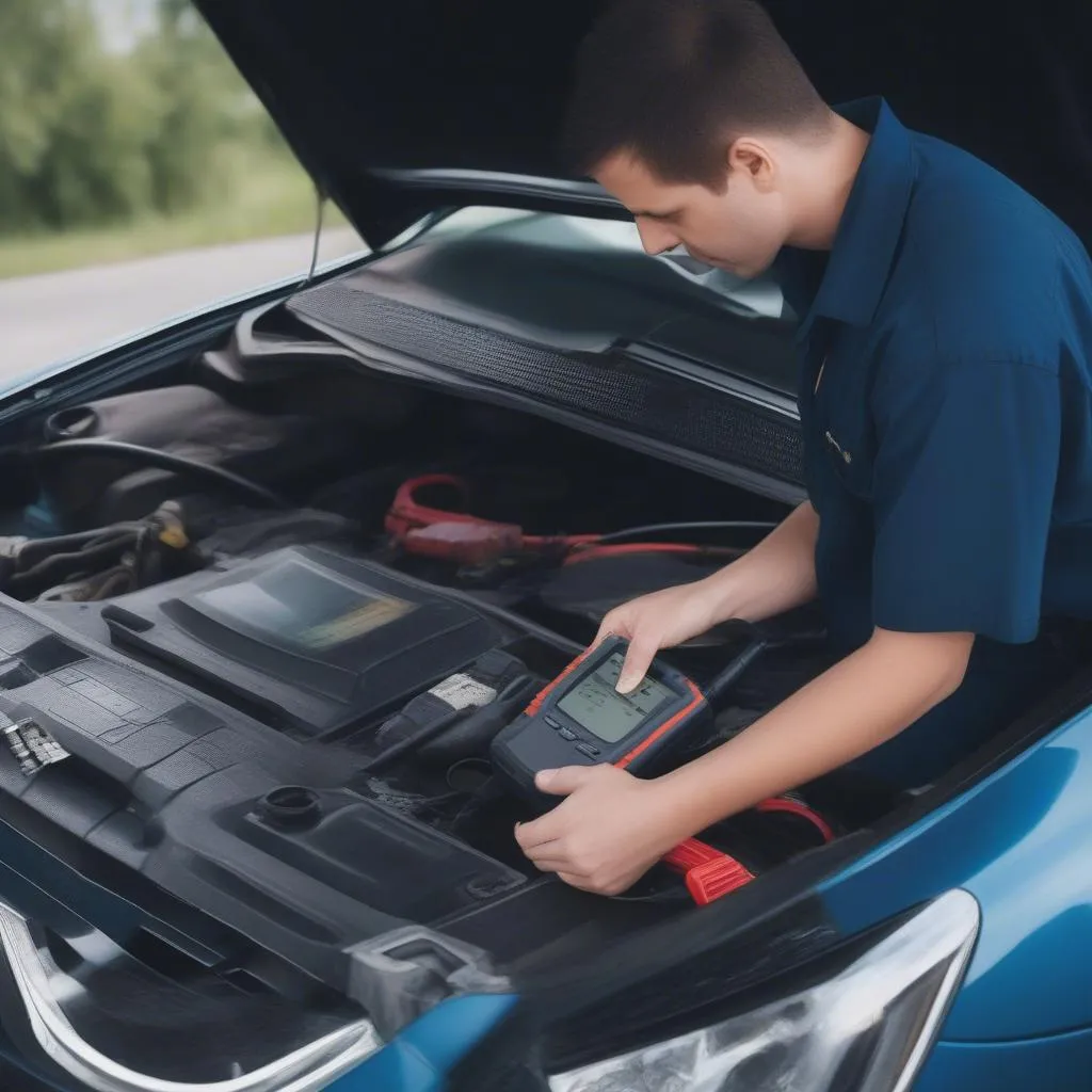 Mechanic diagnosing car with a diagnostic tool