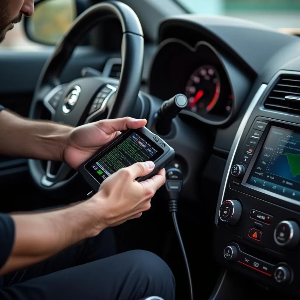 Mechanic using OBD2 scanner on a car