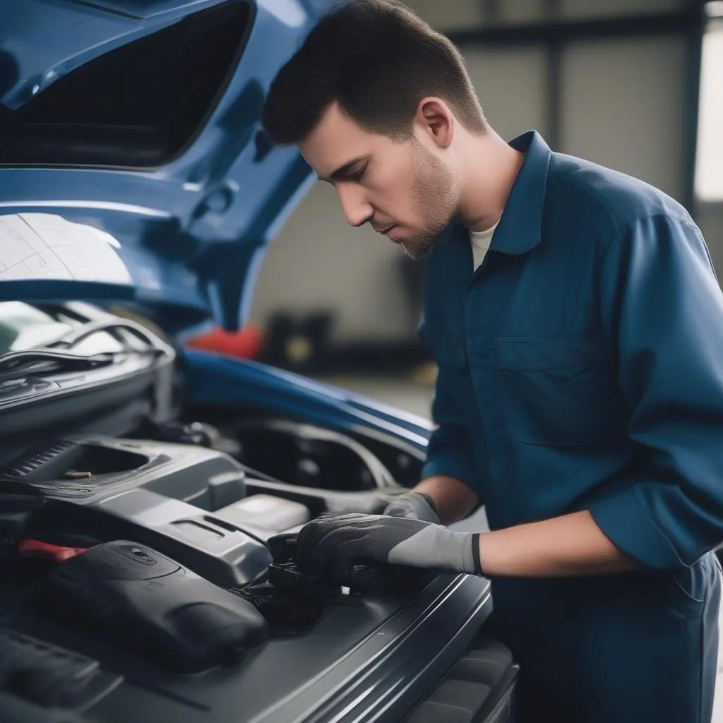 Mechanic Diagnosing Car with Scanner