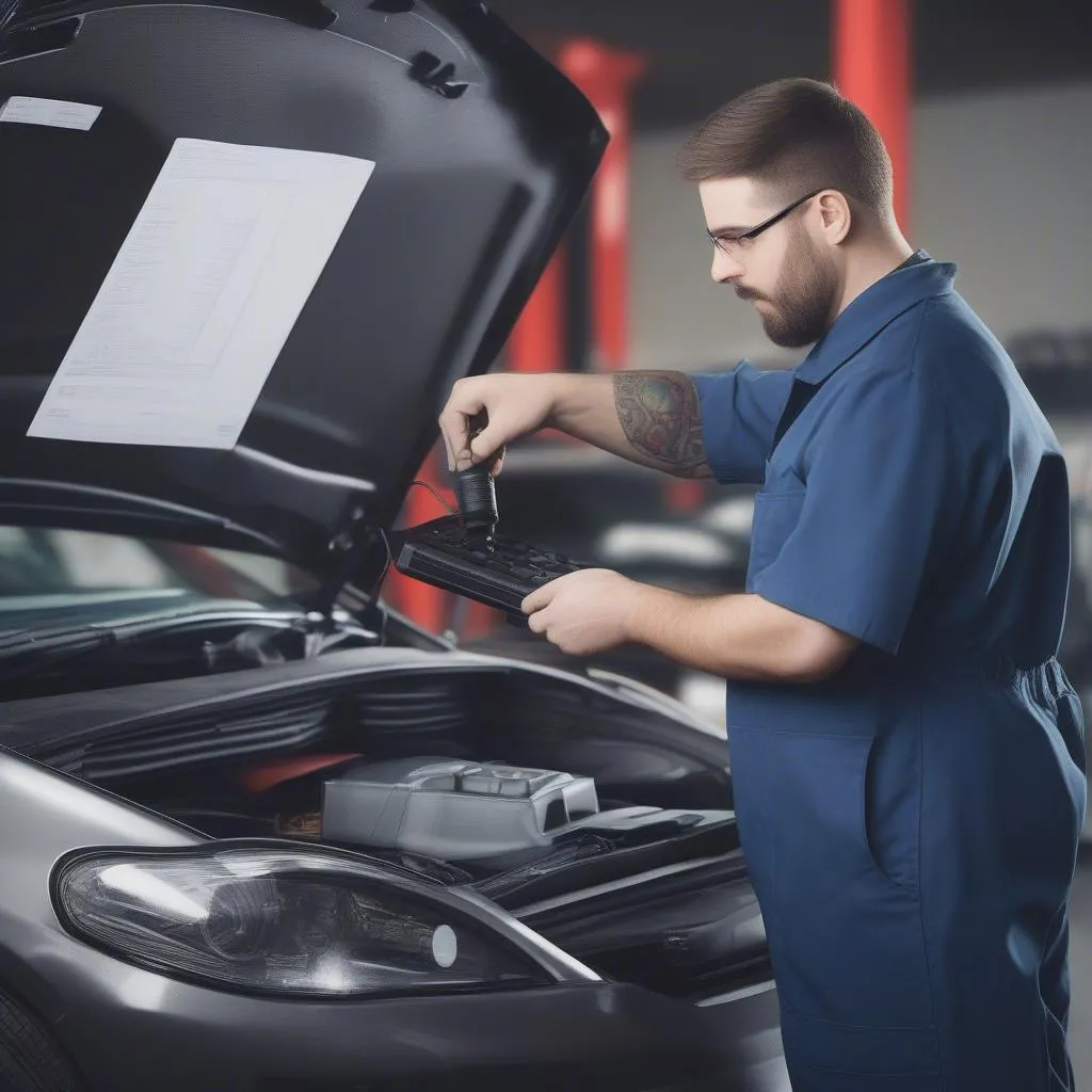 Mechanic diagnosing car with scanner