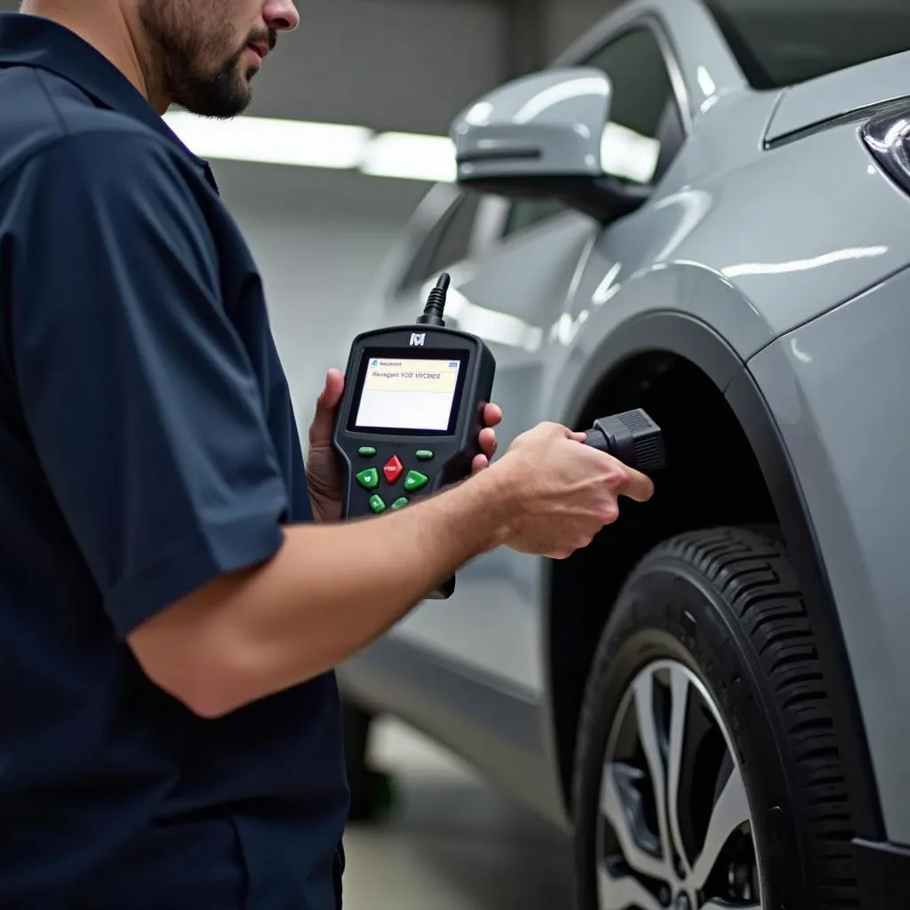 Mechanic using a diagnostic scanner on a car