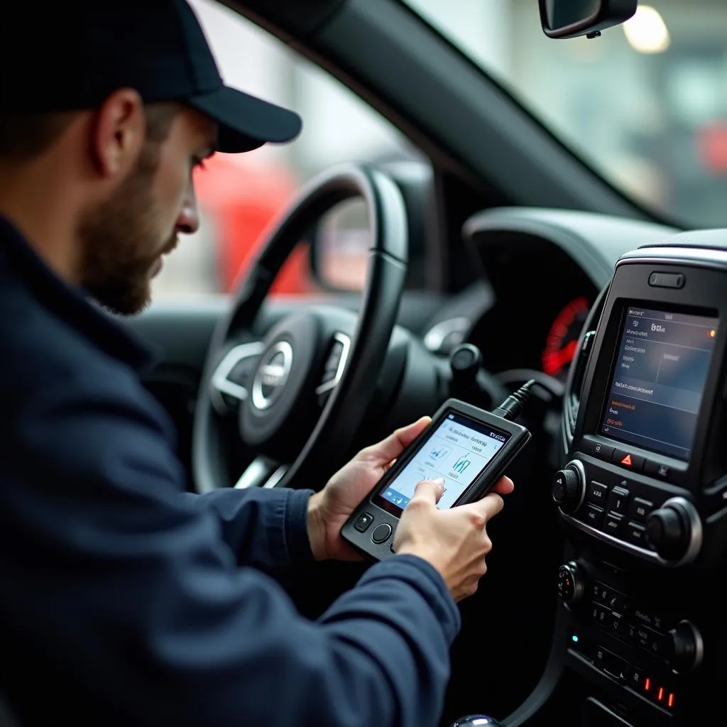 Mechanic diagnosing a Jeep's anti-theft system