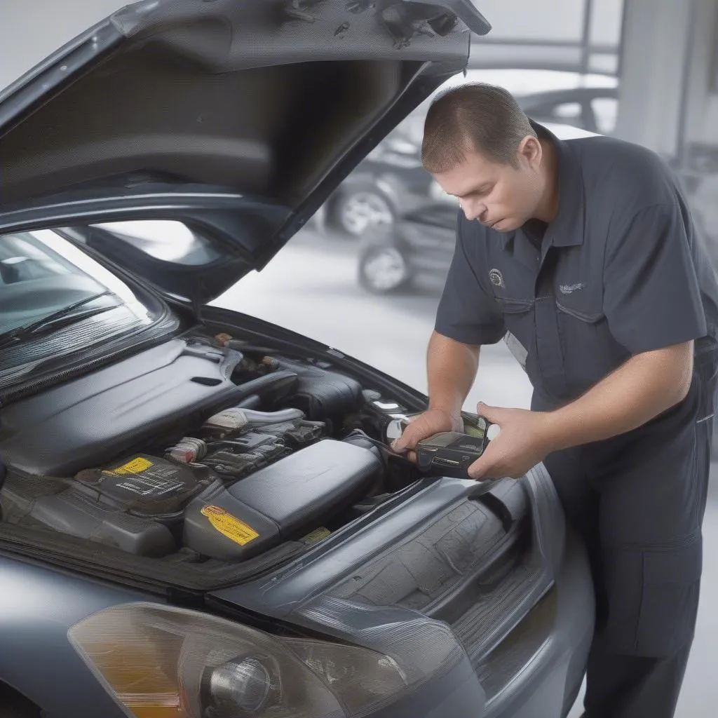 Mechanic Diagnosing Nissan Altima Anti-theft System Using a Specialized Tool