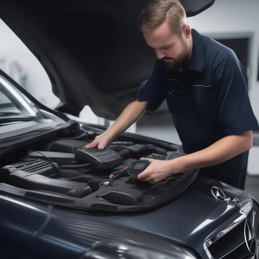 Mechanic using a diagnostic tool on a car transmission