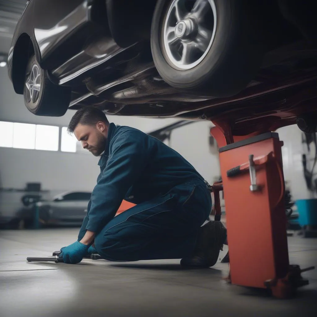 Mechanic inspecting a car's undercarriage