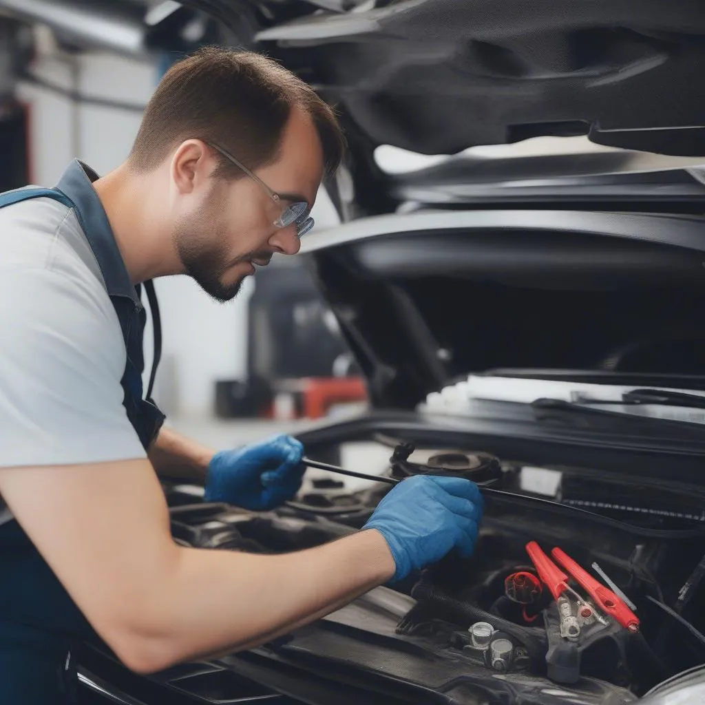 Mechanic Inspecting Car AC System