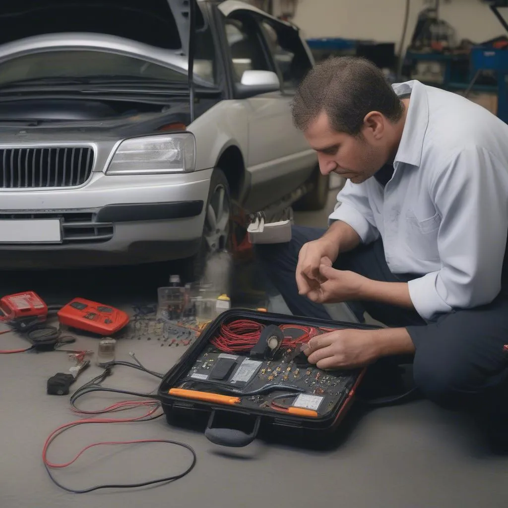 Mechanic Inspecting Car Alarm System