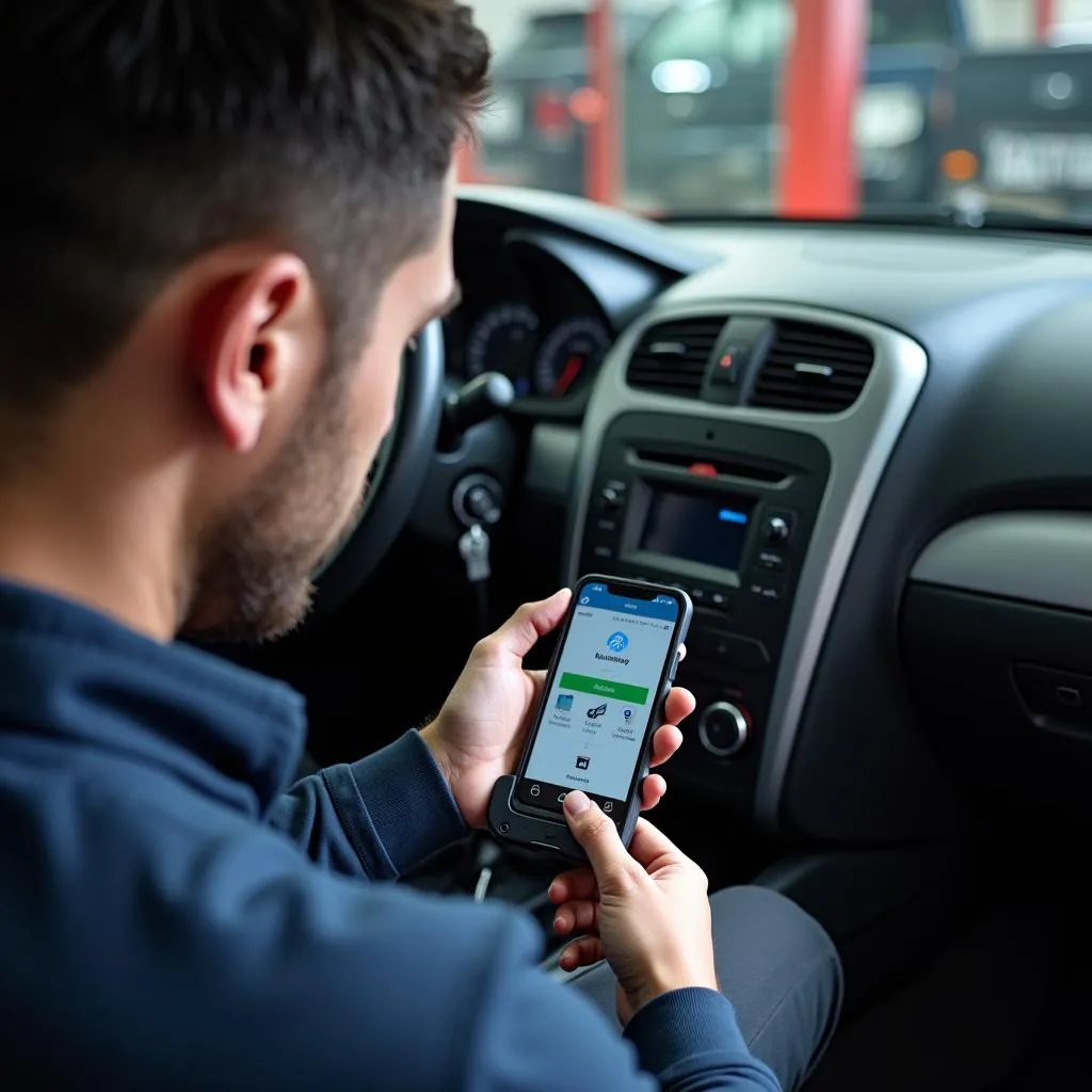 Mechanic inspecting car Bluetooth module