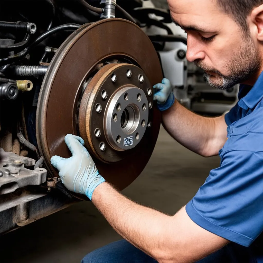 Mechanic Inspecting Car Brakes