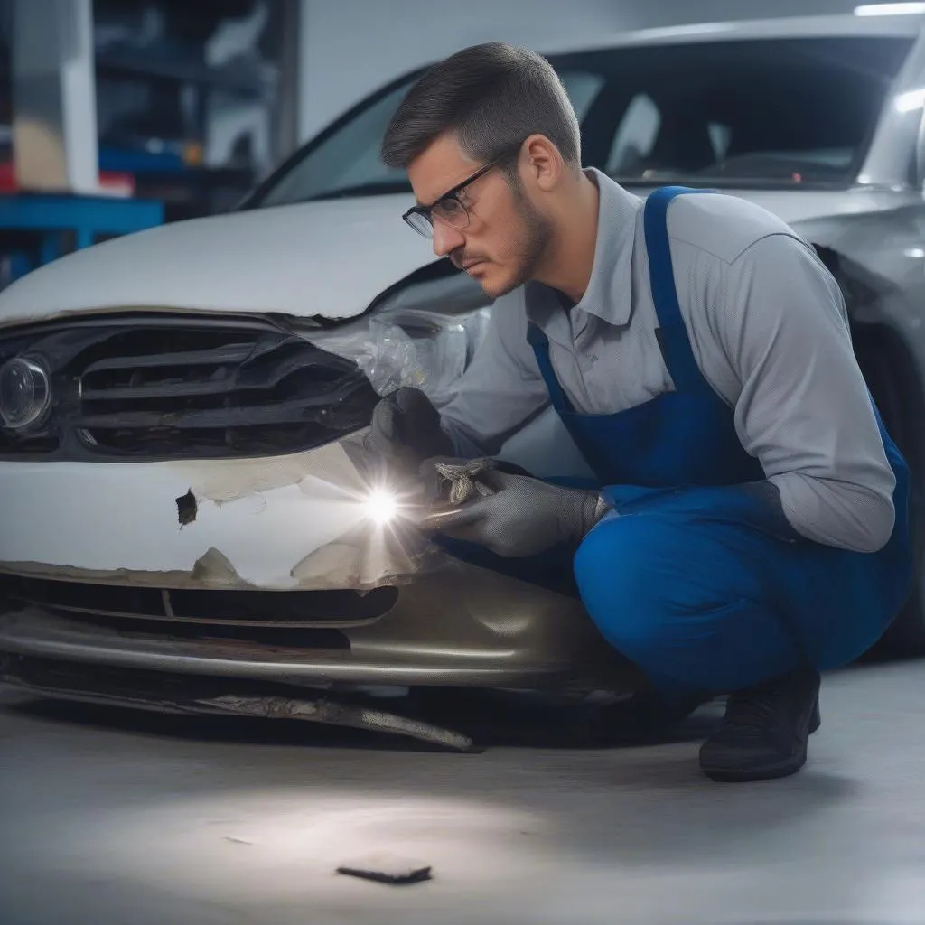 Mechanic inspecting car damage