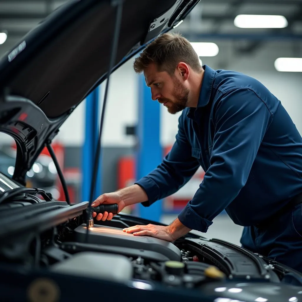 Mechanic inspecting car engine