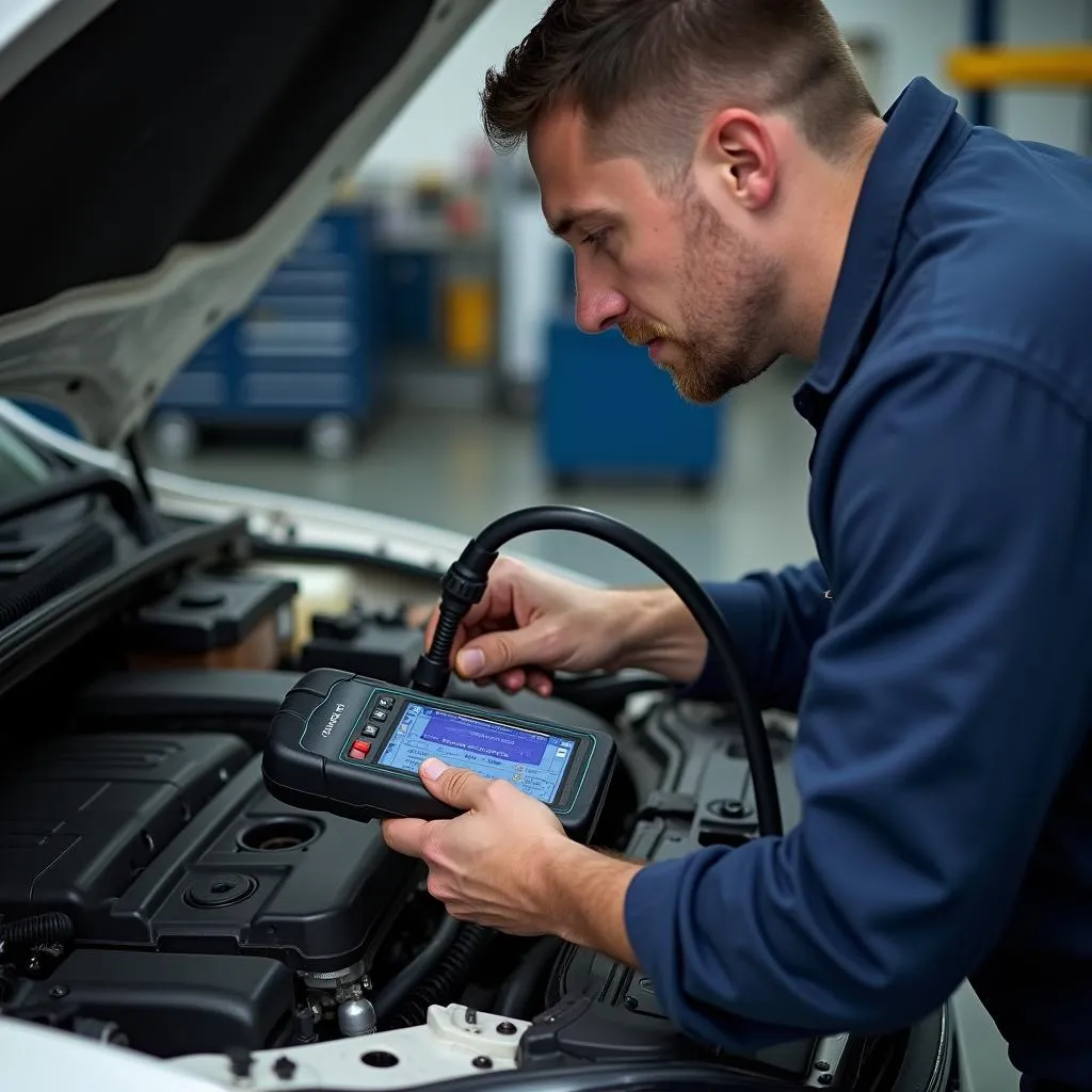 Mechanic inspecting a car engine with a diagnostic tool