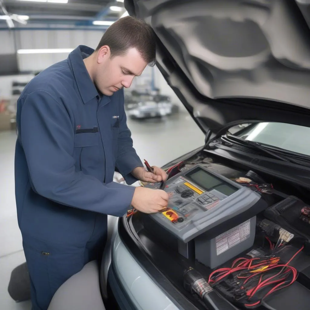 Mechanic inspecting car fuse box