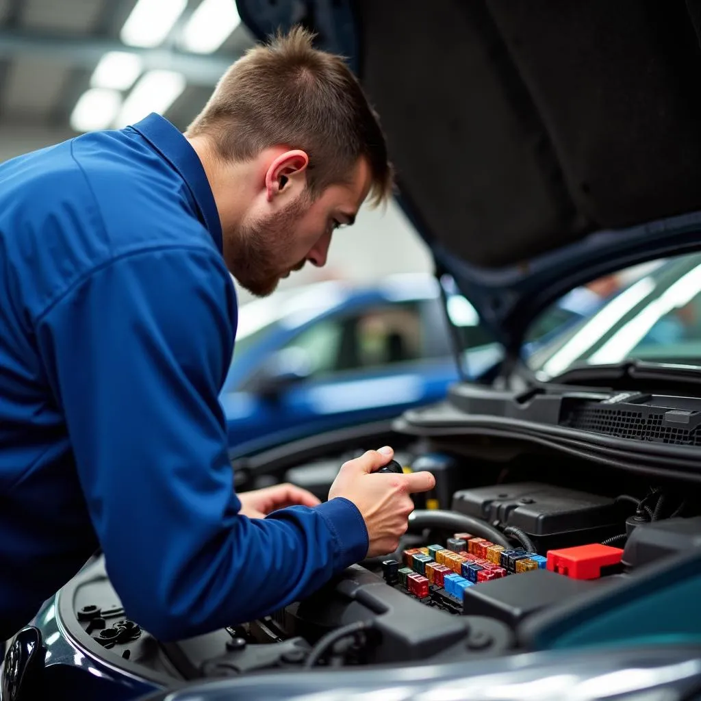 Mechanic checking fuses in a vehicle