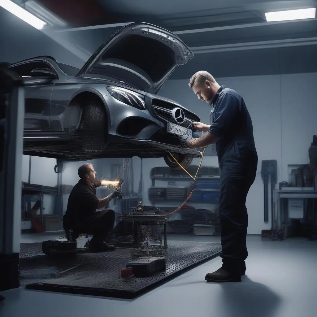 Mechanic inspecting car suspension