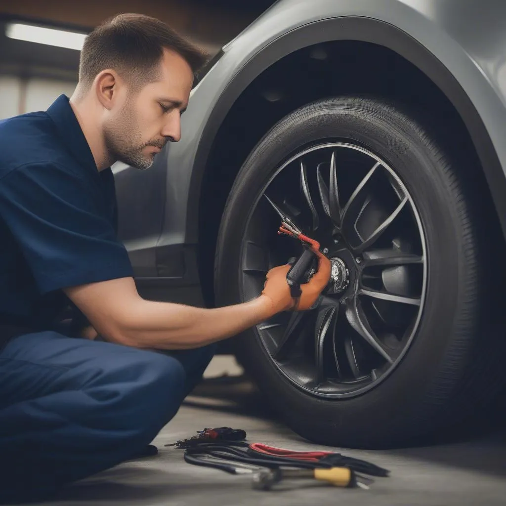 Mechanic Inspecting Car Wheel Speed Sensor