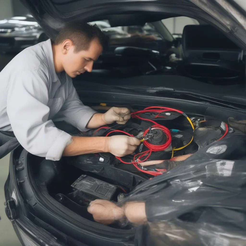 mechanic inspecting car wiring