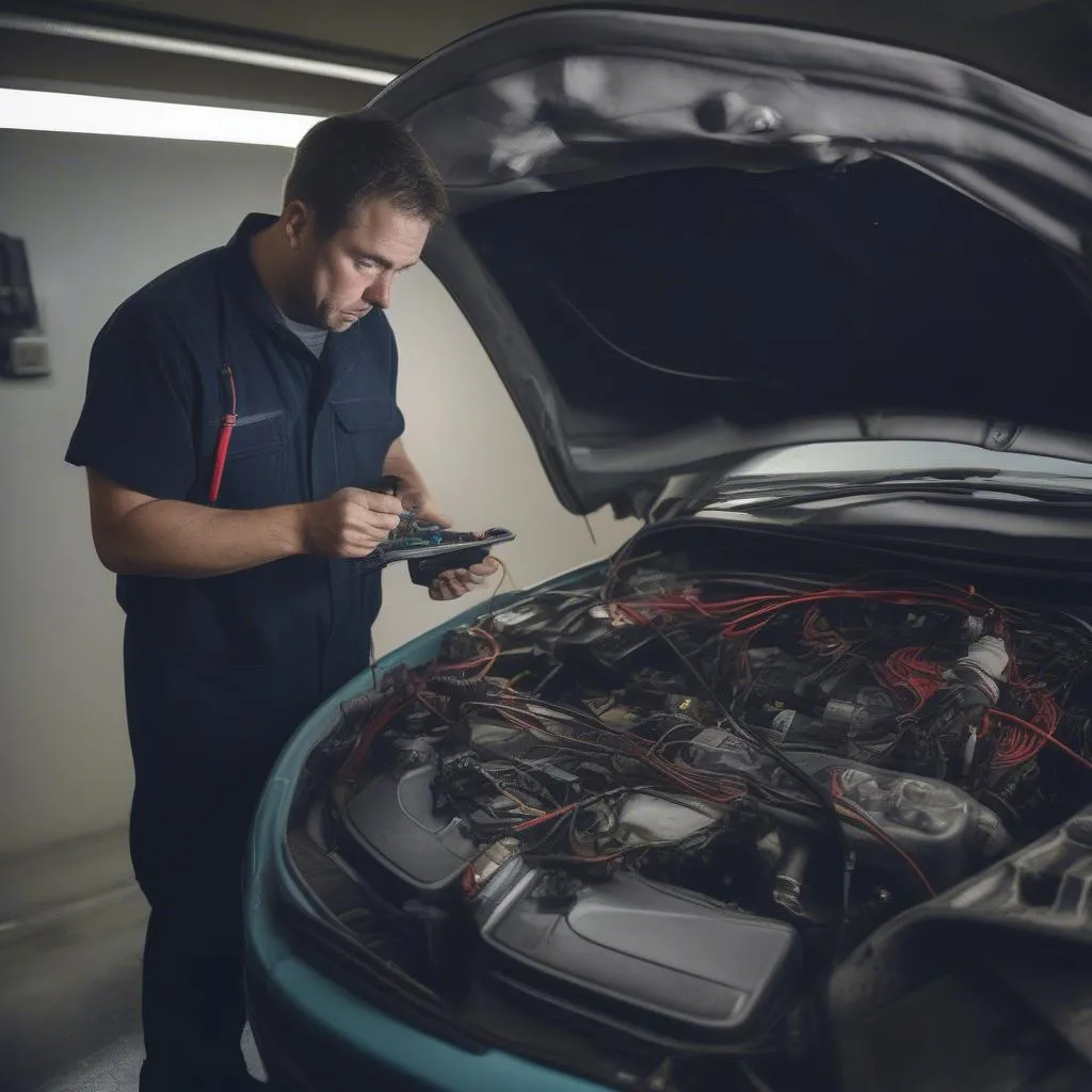 Mechanic Inspecting Car Wiring for Anti-Theft System Issues